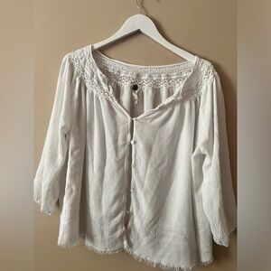 FP one lace trim eyelet frayed distressed gauze sheer button blouse xs/s boho
